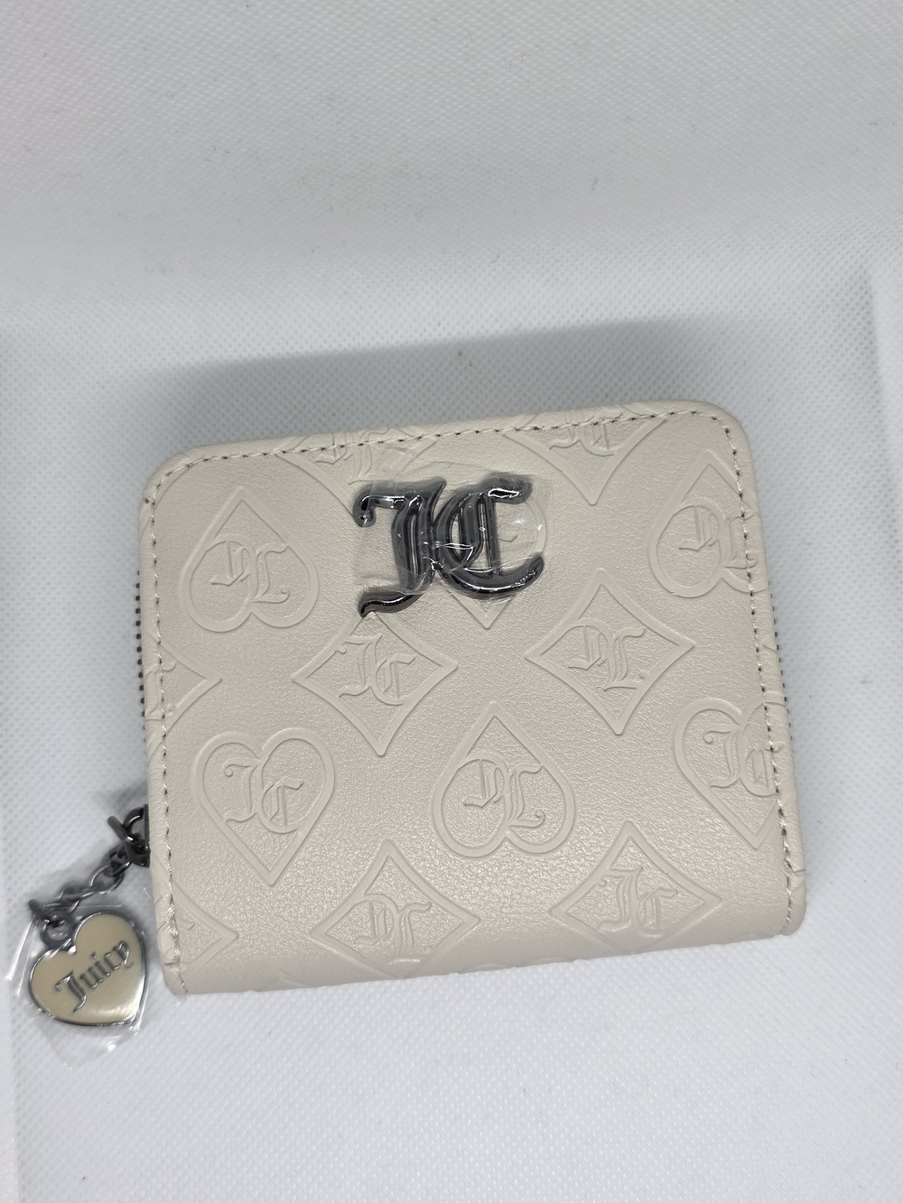 Juicy Couture Cream Embossed Logo Zip-Around Wallet with Heart Charm
